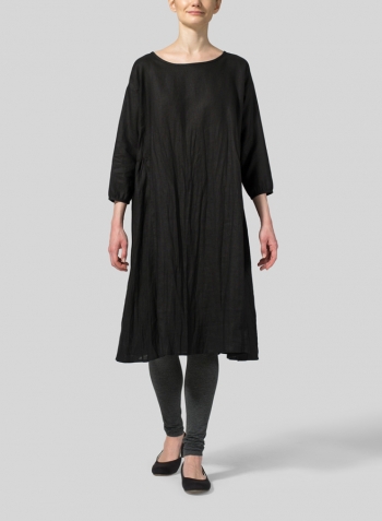 Black Linen A-Line Round Neck Dress