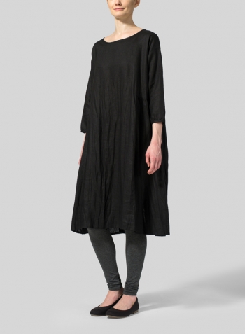 Black Linen A-Line Round Neck Dress