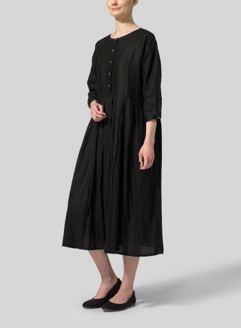 Black Linen Pleated Loose Long Dress