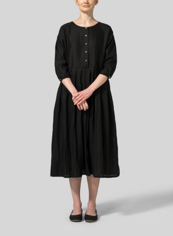 Black Linen Pleated Loose Long Dress