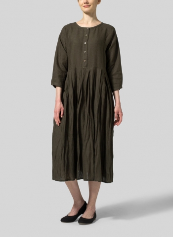 Olive Green Linen Pleated Loose Long Dress