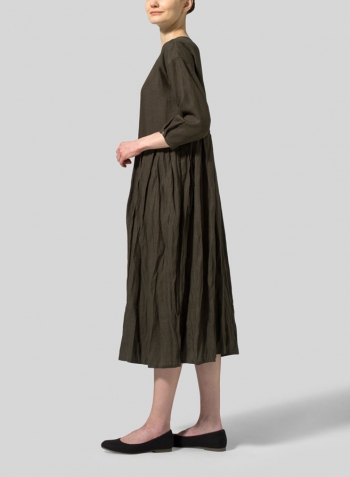 Olive Green Linen Pleated Loose Long Dress