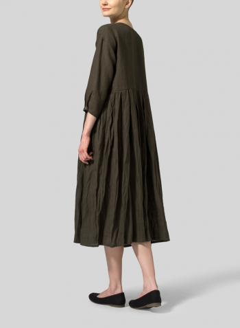Olive Green Linen Pleated Loose Long Dress