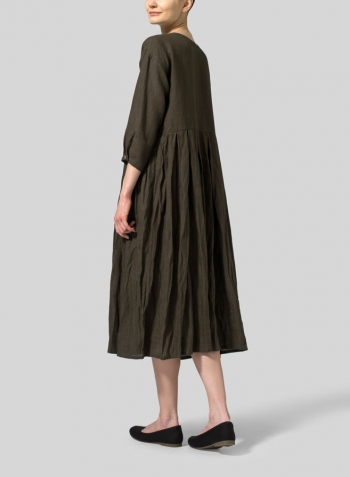Olive Green Linen Pleated Loose Long Dress