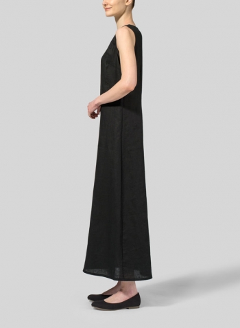 Black Linen Scoop Neck Sleeveless Long Dress
