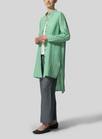 Two Tone Yellow Green Linen Mandarin Collar Long Sleeve Jacket