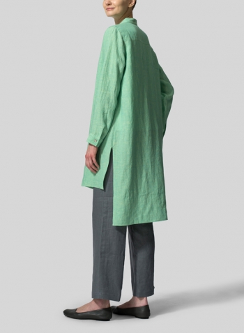 Two Tone Yellow Green Linen Mandarin Collar Long Sleeve Jacket