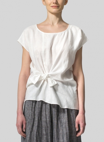 White Linen Waist Self-tied Ribbon Top