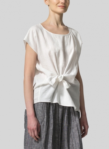 White Linen Waist Self-tied Ribbon Top