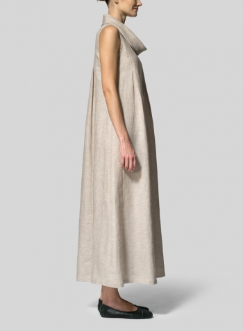Two Tone Beige Linen Sleeveless Cowl Neck Long Dress