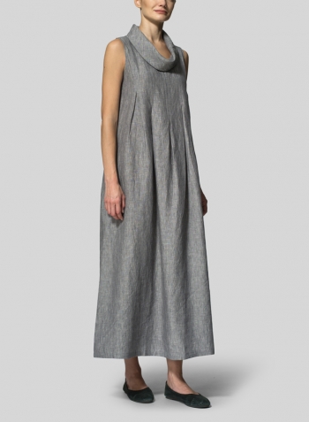 Two Tone Gray Linen Sleeveless Cowl Neck Long Dress