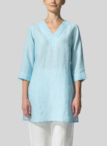 Aqua Blue Linen V-neckline Pleated Tunics