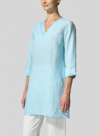 Aqua Blue Linen V-neckline Pleated Tunics