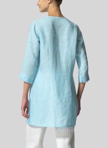 Aqua Blue Linen V-neckline Pleated Tunics