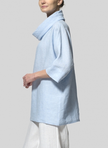 Light Sky Blue Linen Cowl Neck Top