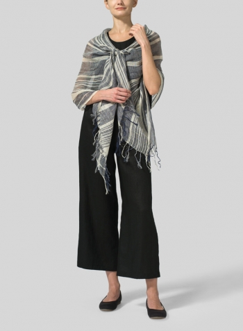 Black Linen Boxy Top Set With Scarf