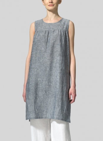 Two Tone Navy White Linen Knee Length Sleeveless Long Top
