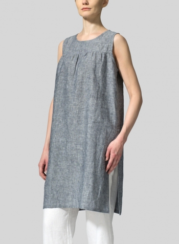 Two Tone Navy White Linen Knee Length Sleeveless Long Top