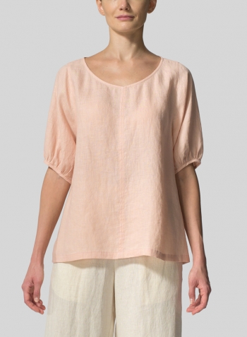 Rose Pink Linen Drawstring Cuffs Short Sleeve Top