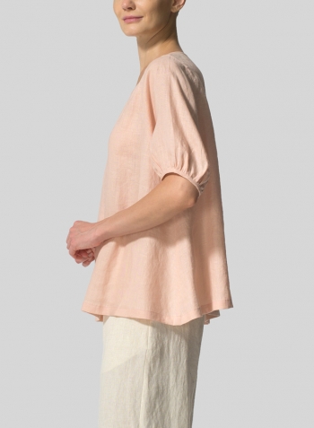Rose Pink Linen Drawstring Cuffs Short Sleeve Top