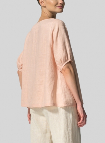 Rose Pink Linen Drawstring Cuffs Short Sleeve Top