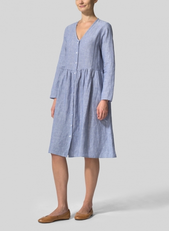 Two Tone Blue White Linen Button Front L/S Dress