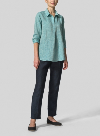 Two Tone Green Linen Classic Collar Shirt