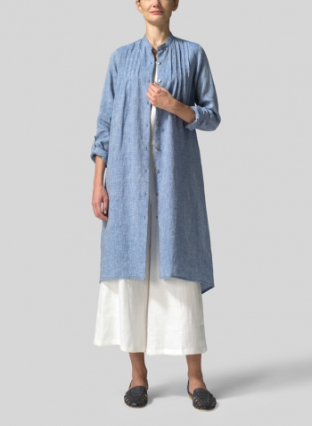 Two Tone Blue White Linen A-Line Long Sleeve Tunic