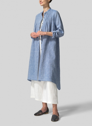 Two Tone Blue White Linen A-Line Long Sleeve Tunic