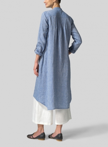 Two Tone Blue White Linen A-Line Long Sleeve Tunic