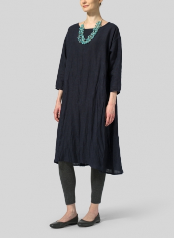 Navy Linen A-Line Round Neck Dress With Necklace