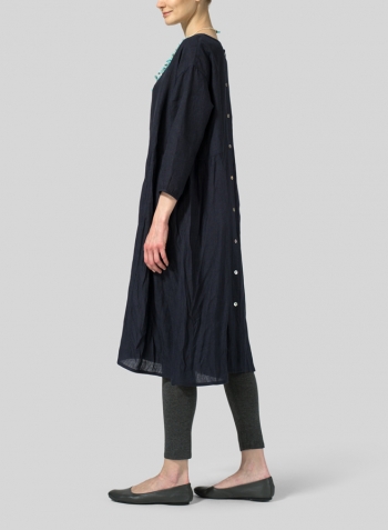 Navy Linen A-Line Round Neck Dress With Necklace