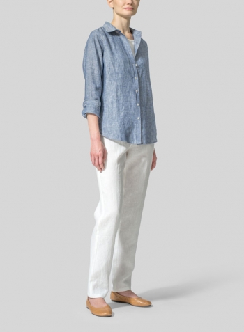 Two Tone Denim Linen Classic Long Sleeve Shirt
