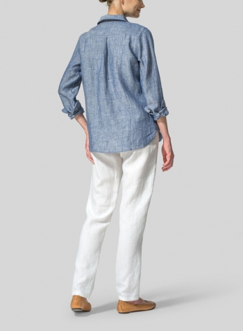 Two Tone Denim Linen Classic Long Sleeve Shirt
