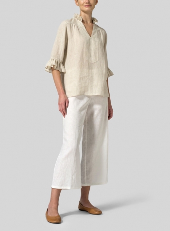 Oat Linen Ruffle Stand Collar Top