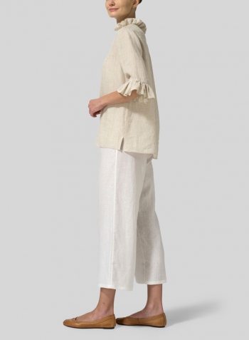 Oat Linen Ruffle Stand Collar Top