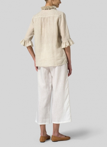 Oat Linen Ruffle Stand Collar Top