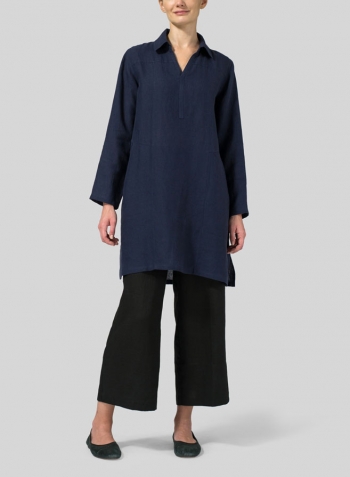 Navy Linen L/Sleeves V-Neck Tunic