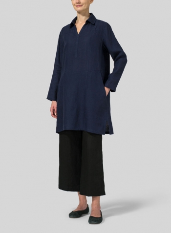 Navy Linen L/Sleeves V-Neck Tunic