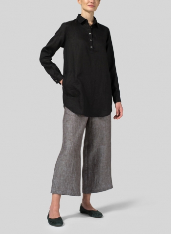 Black Linen Classic Collar Half Button Down Tunic