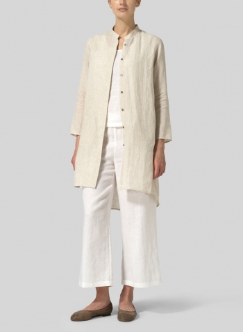 Oat Linen Shirt Dress with Mandarin Collar