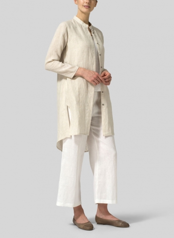 Oat Linen Shirt Dress with Mandarin Collar