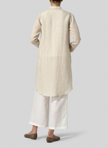 Oat Linen Shirt Dress with Mandarin Collar