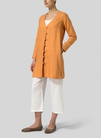Orange Linen Handmade Knot Buttons Top With Scarf