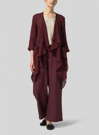 Plum Linen Gauze Waterfall-Front Jacket Set