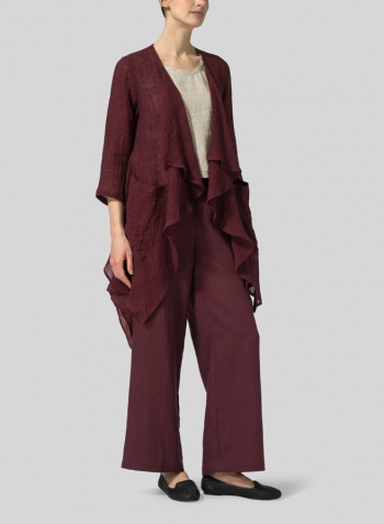 Plum Linen Gauze Waterfall-Front Jacket Set