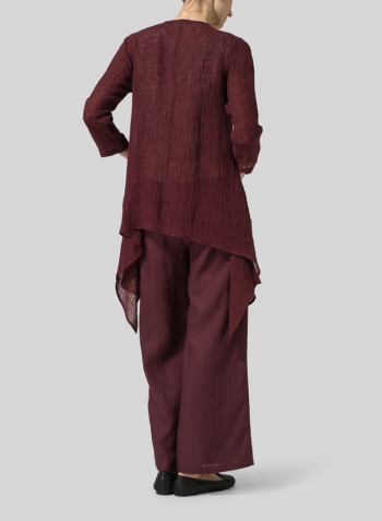 Plum Linen Gauze Waterfall-Front Jacket Set