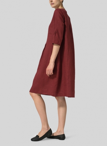 Burgundy Linen Embroidered Hemline Dress