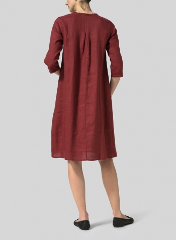 Burgundy Linen Embroidered Hemline Dress