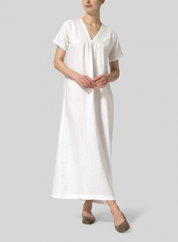 White Linen Deep V-Neck Long Dress